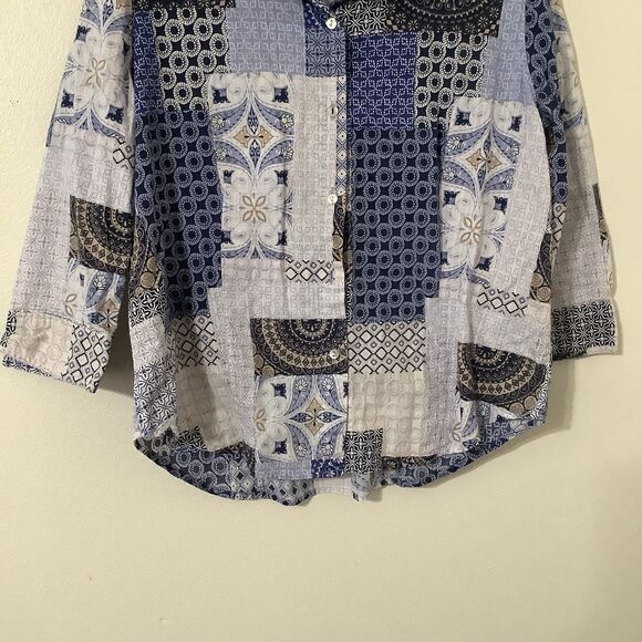 Blue Patchwork Western Cowboy Prairie Cottagecore Shabby Chic Button Up Shirt 14 - Picture 3 of 8